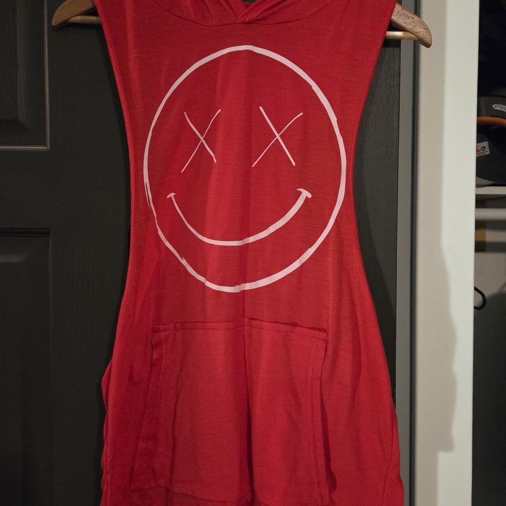 Red Sleeveless Hoodie with Smiley Face